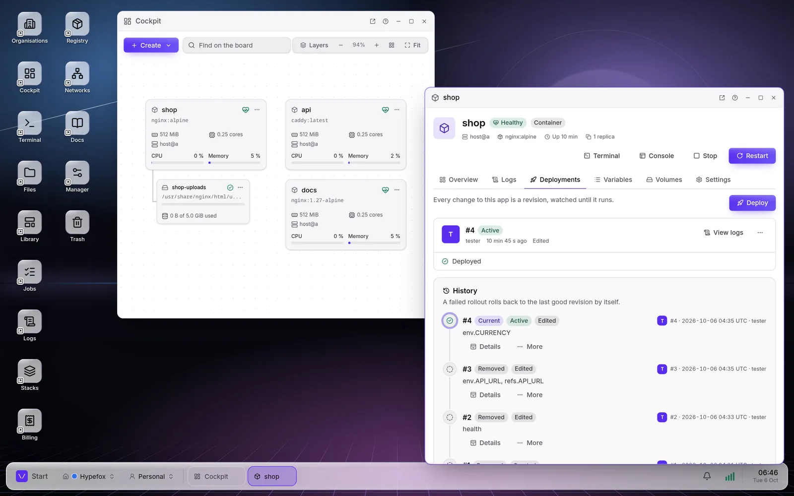 The Velrix desktop in a web browser, with app icons in two tidy columns down the left and a taskbar along the bottom. The Cockpit window shows three apps, shop, api and docs, as cards with a green heart for healthy and their memory, cores and CPU, and a volume, shop-uploads, linked to shop. In front of it, the shop app’s window is open on its Deployments tab: revision 4 is active and deployed, and the history below it lists the earlier revisions with what each one changed, a variable or the health check.